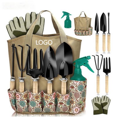 8-Piece Wood Handle Garden Tool Tote Set