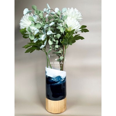 Resin Accented Vase with Bamboo Base - Navy, White, Metallic
